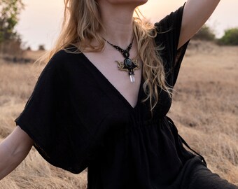 Schwarzes Ahimsa Wildseiden Kaftan Kleid, Maxi Robe, Boho Rohseide Kleid, Seiden Midi Kleid, natürliches veganes Seidenkleid, gewaltfreier Seiden Kaftan