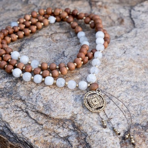6 mm Moonstone Mala, Sandalwood necklace, 108 prayer beads, Mandala necklace, Yoga gift for her, Feminine Amulet, Moonstone necklace beaded