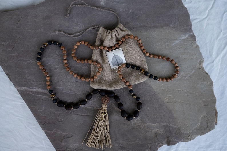 Gemstone necklace mala Sandalwood Mala necklace 108 beads tassel necklace beaded knotted mala beads Yoga jewelry prayer bead necklace