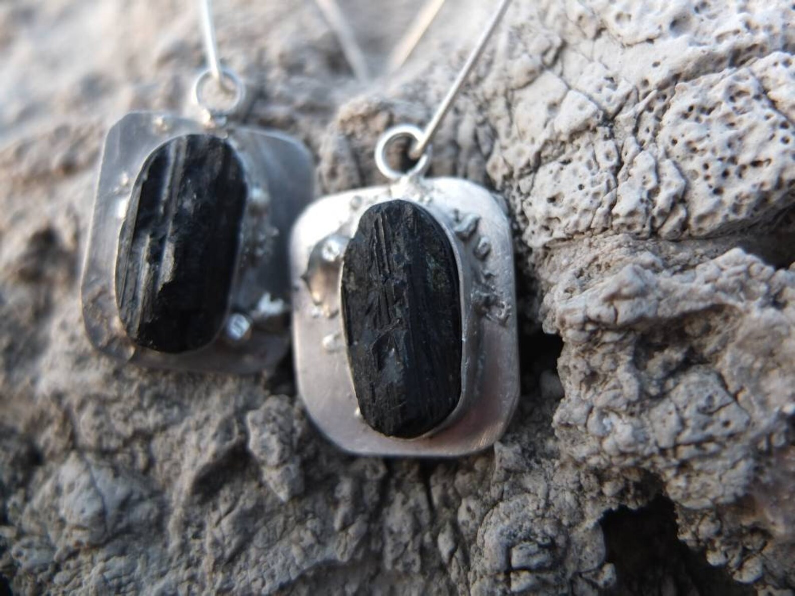Black Tourmaline Silver Earnings Raw stone earrings Rough Etsy
