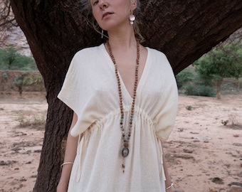 Beige Ahimsa Seide Kaftan: Boho Rohseidenkleid