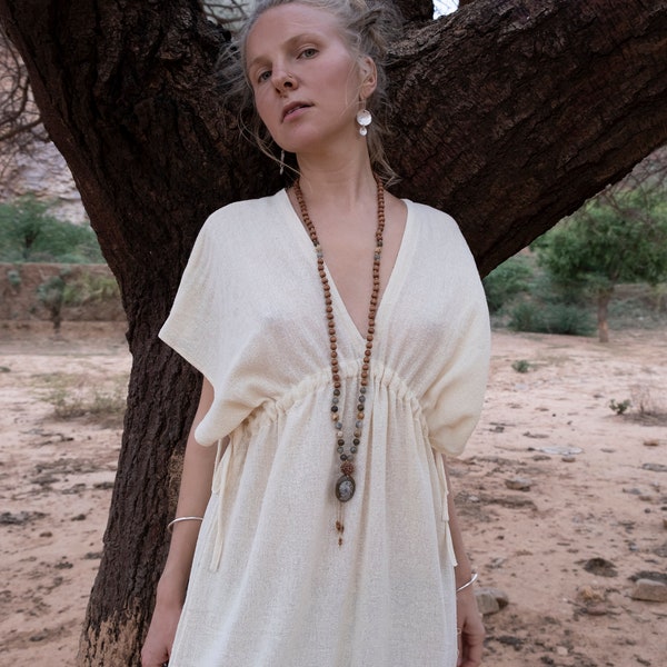 Beige Ahimsa silk kaftan, Raw silk dress, Bohemian wear, Natural vegan silk dress, Non violent silk kaftan, Organic clothing, Wedding dress