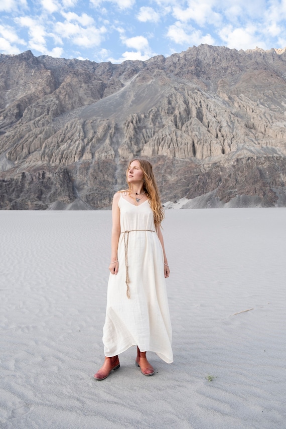 chinese dress ladies Orissa Dress Hemp Sand | Cream Bell Sleeve Hemp Maxi Dress | FARA Boutique
