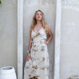 Botanical print wrap dress, Natural dye, Organic raw cotton, Wrap adjustable dress, Hand loomed dress, Rustic wedding dress, One of a kind