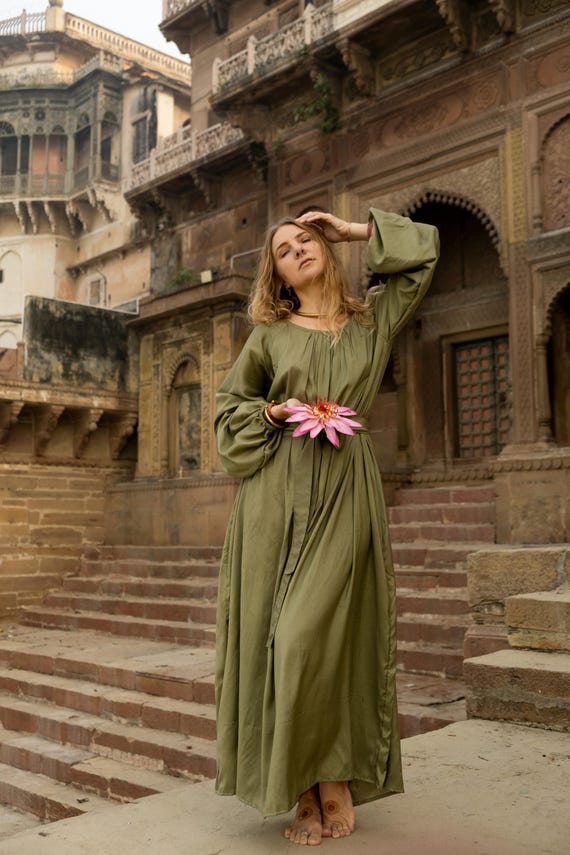olive silk maxi dress Olive Green Ahimsa Eri Silk Maxi Dress | Azo Free Dyed | Ethical Slow Fashion