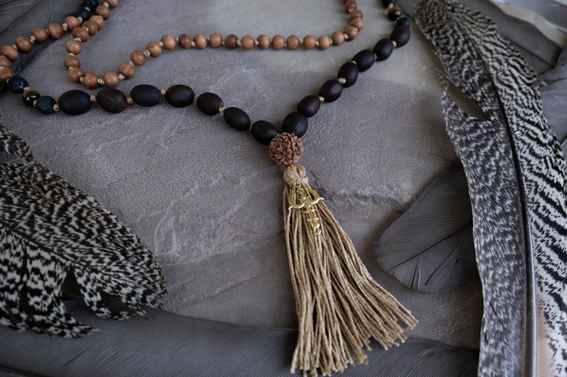 Gemstone necklace mala Sandalwood Mala necklace 108 beads tassel necklace beaded knotted mala beads Yoga jewelry prayer bead necklace