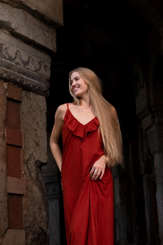 Abito sottoveste in seta Khadi rossa con balza, abito Boho, abito