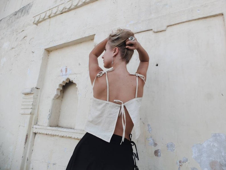 Hemp cotton slip crop top, Hemp boho summer shirt, Ahimsa raw silk top, Open back top, Bohemian adjustable top, Earthy clothing image 1