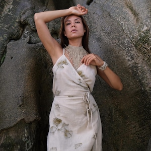 Botanical print wrap dress, Natural dye, Organic raw cotton, Wrap adjustable dress, Hand loomed dress, Rustic wedding dress, One of a kind