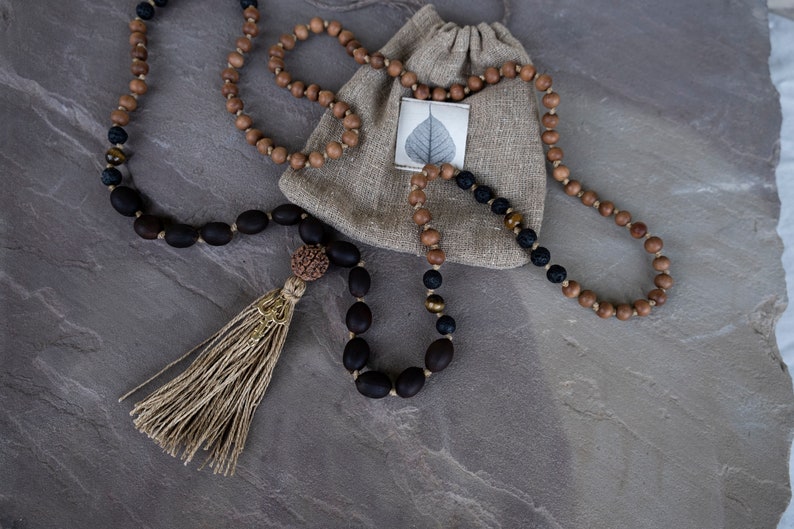 Gemstone necklace mala Sandalwood Mala necklace 108 beads tassel necklace beaded knotted mala beads Yoga jewelry prayer bead necklace