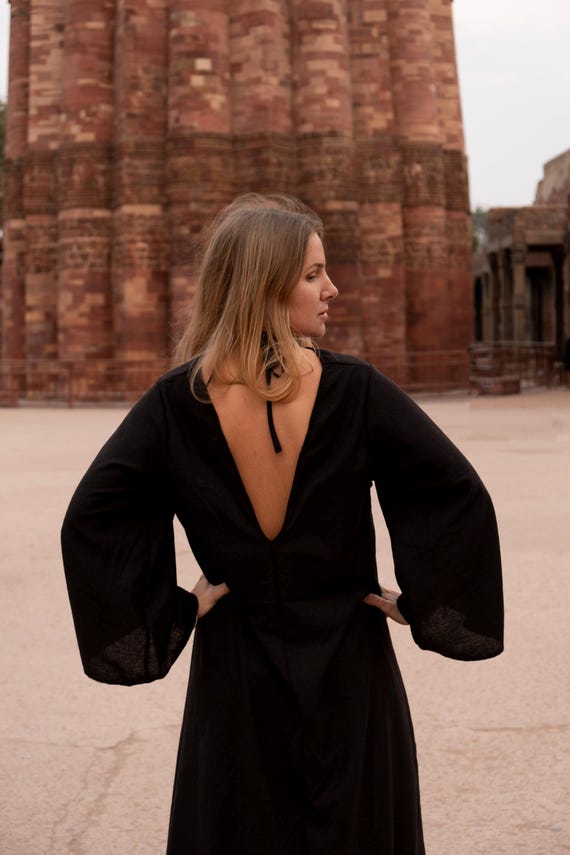 Black Khadi Silk Dress: Boho Fringe Belt, Open Back - Ahimsa Vegan Silk -  Etsy