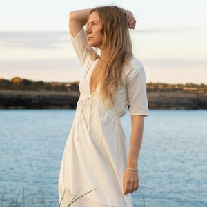 Organic cotton deep V neck dress, Bohemian cotton dress, Maternity dress, Ceremonial dress, Open back dress, Boho wedding dress