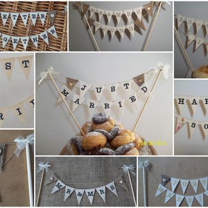 Embroidered Calico Fabric Mini Bunting Cake Topper  - Rustic Vintage Chic. Can be FULLY customised.