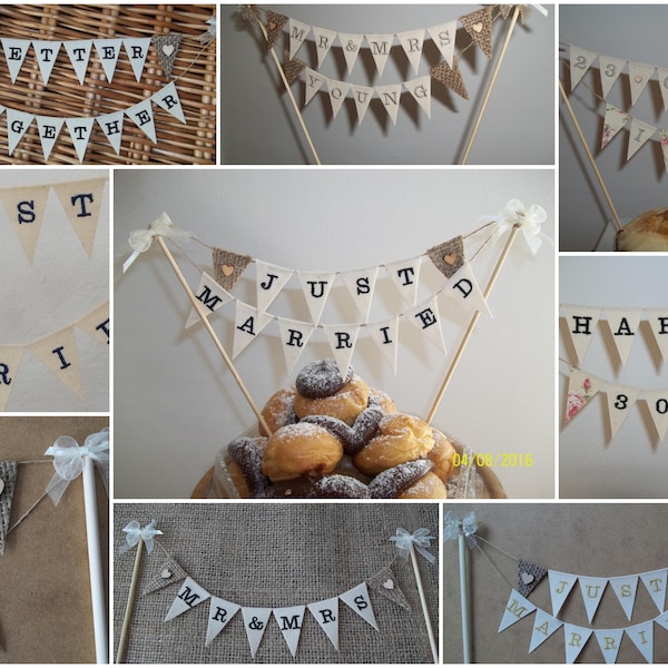 Embroidered Calico Fabric Mini Bunting Cake Topper  - Rustic Vintage Chic. Can be FULLY customised.