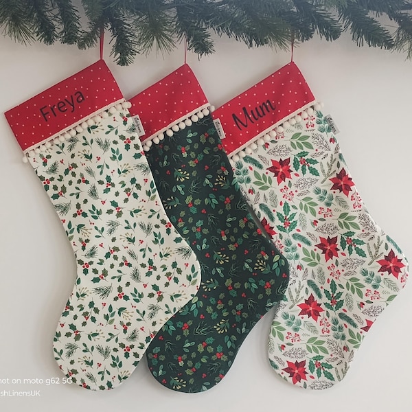 MEDIAS DE NAVIDAD personalizadas: follaje de temporada, hechas a mano, fabricadas en el Reino Unido, reutilizables.