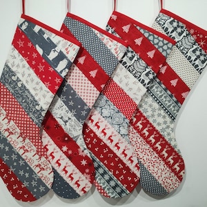 Patchwork CHRISTMAS STOCKINGS - Scandi Grey/Ivory, Cotton, Handcrafted, Eco-friendly, Traditional, Reusable, Personalised with initial.