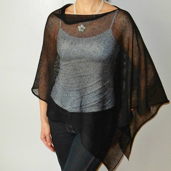 Black Poncho Natural Linen knits Black Summer shrug Pure Linen Poncho Cape Summer Wrap Woman poncho black shrugs boleros Linen Accessories