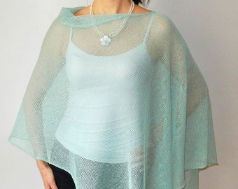 Mint green Poncho Linen knit Poncho Cape summer Wrap Woman poncho green shrugs boleros summer shrug Linen knits Accessories Wedding shrug