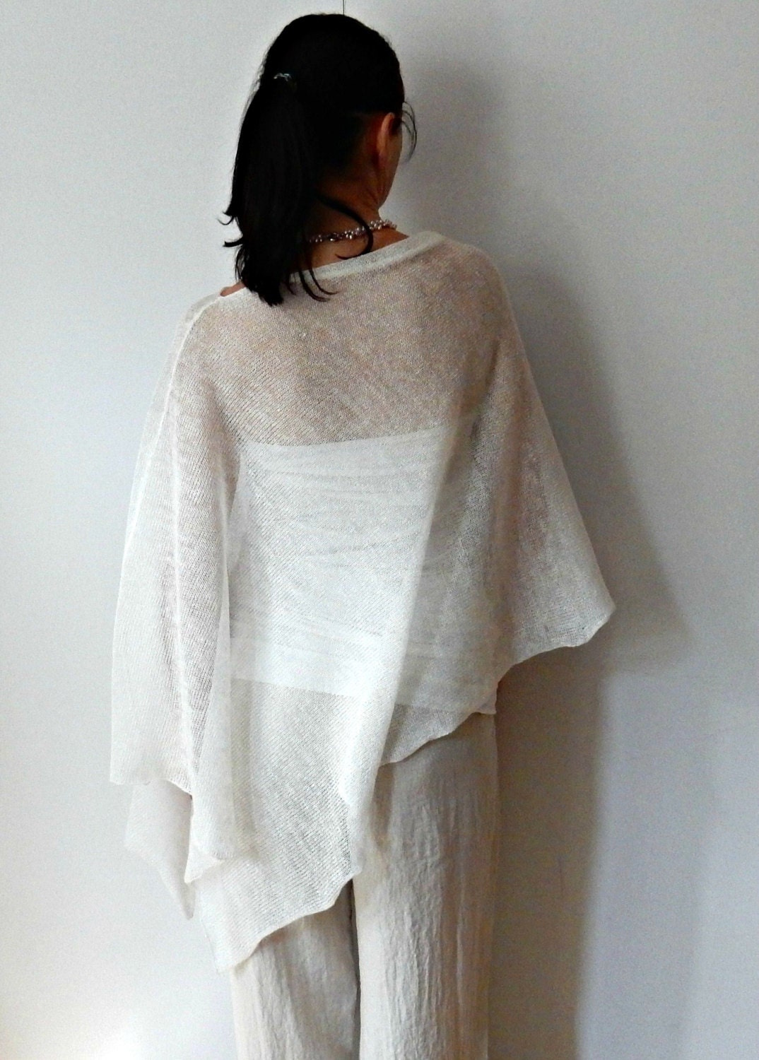 White Linen Poncho Knit Poncho Cape Summer Bridal Wrap Woman Etsy