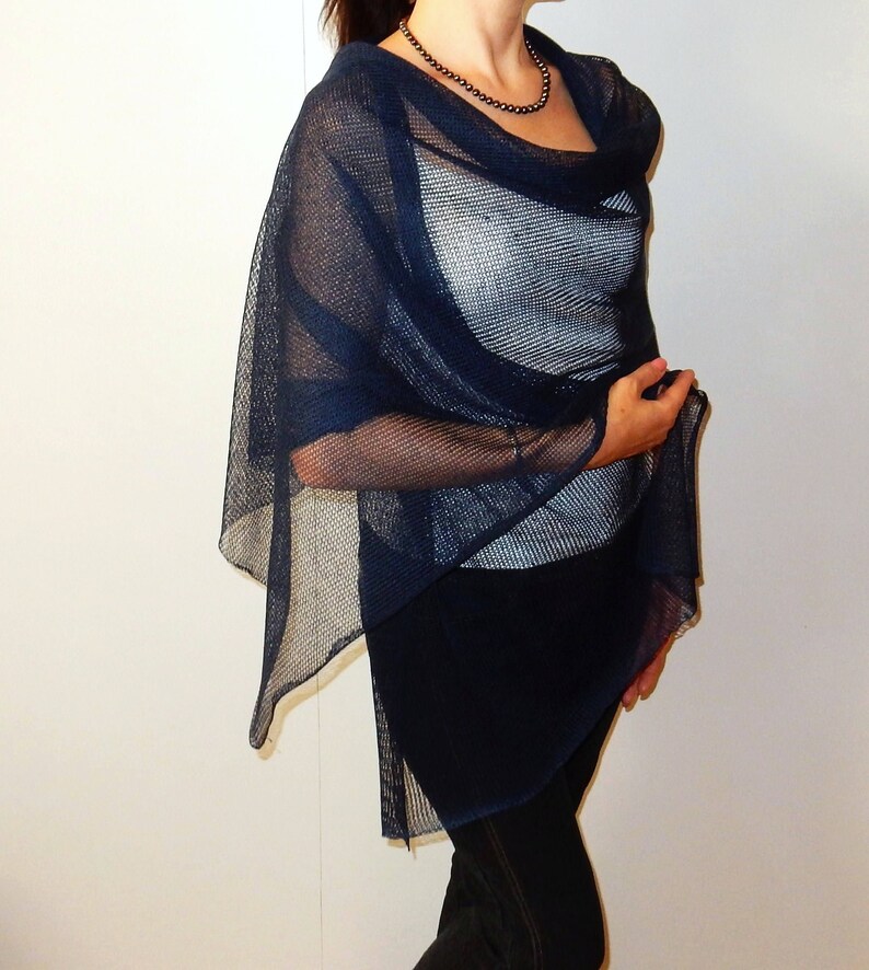 Summer shawl linen knit womens scarves navy shawl blue wraps Etsy
