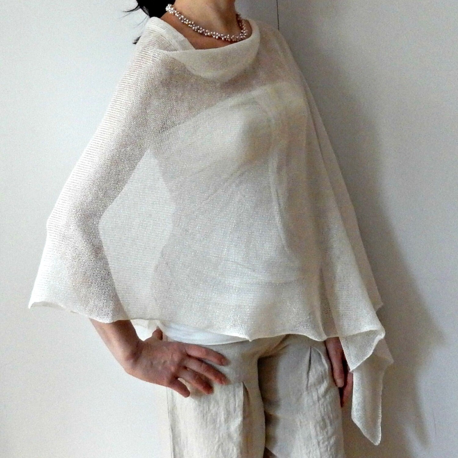 White Linen Poncho Knit Poncho Cape Summer Bridal Wrap Woman Poncho Wedding Bridal Shrugs