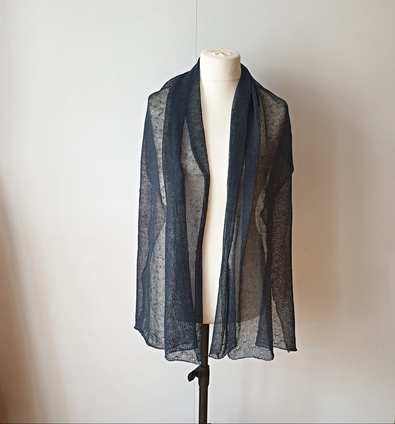 Linen Scarf Blue / Knit Shawl Handmade / Travel Scarf / Etsy