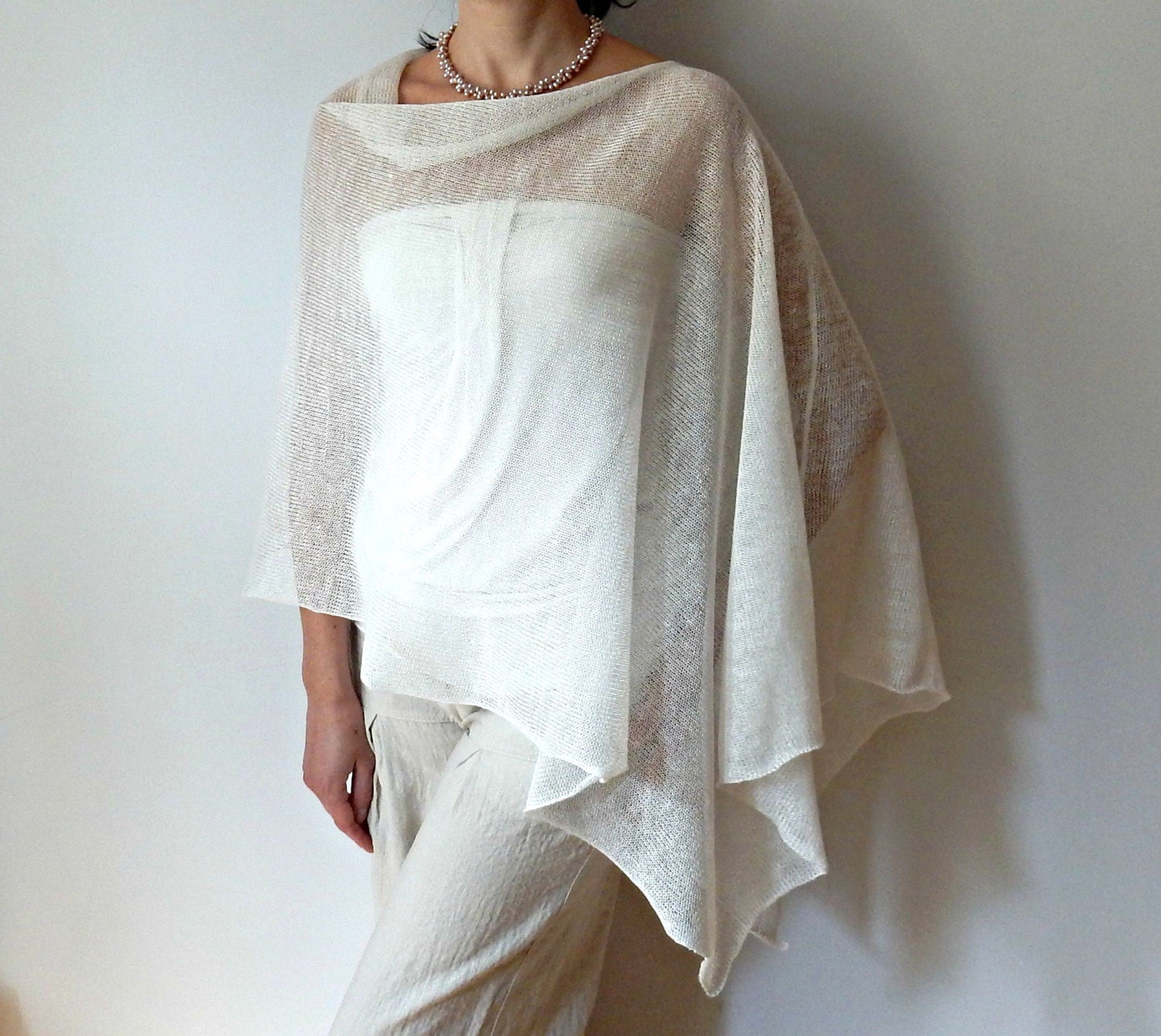 White Linen Poncho Knit Poncho Cape Summer Bridal Wrap Woman Etsy UK