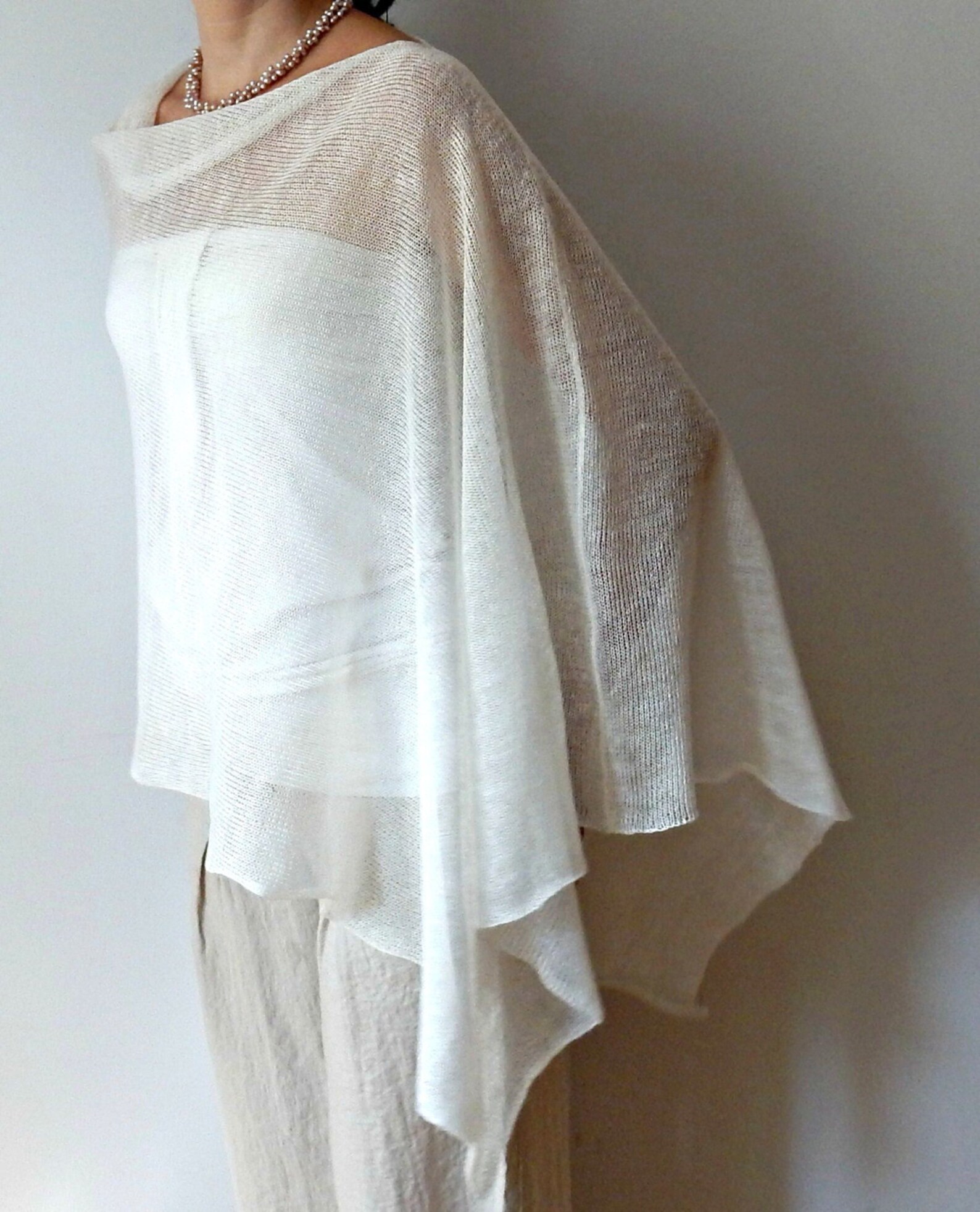 White Linen Poncho Knit Poncho Cape Summer Bridal Wrap Woman Etsy