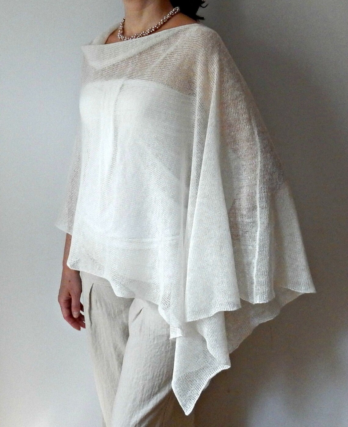 White Linen Poncho Knit Poncho Cape Summer Bridal Wrap Woman Etsy