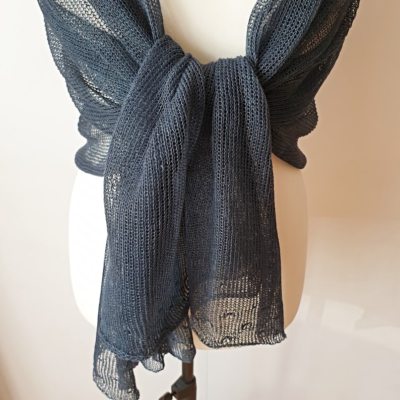 Linen Scarf Blue / Knit Shawl Handmade / Travel Scarf / Etsy