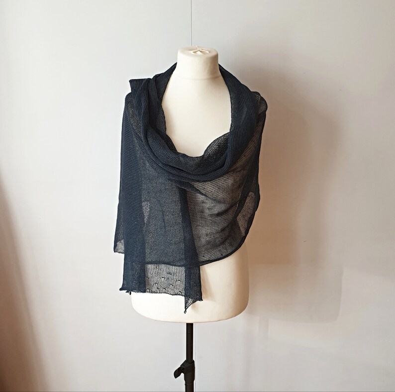 Linen Scarf Blue / Knit Shawl Handmade / Travel Scarf / Etsy