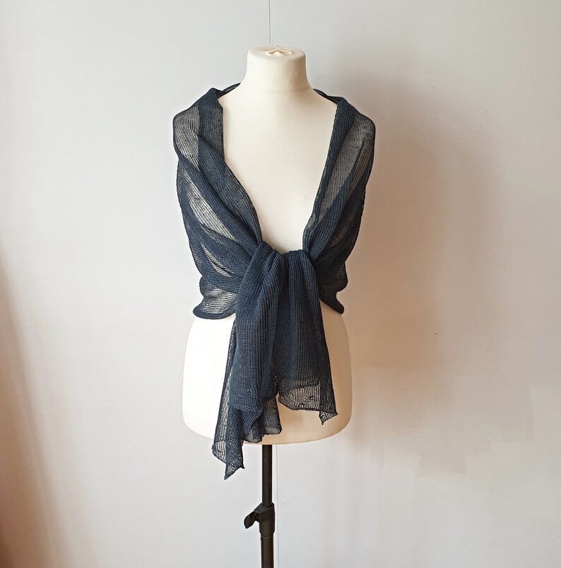 Linen Scarf Blue / Knit Shawl Handmade / Travel Scarf / Etsy