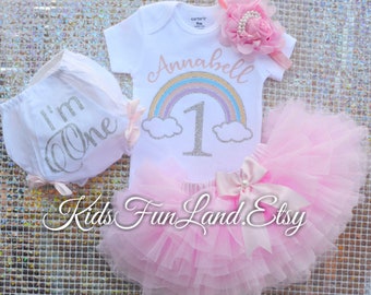 First Birthday Outfit Mädchen, Pastell Regenbogen Geburtstag Outfit, Regenbogen Geburtstagsshirt, Regenbogen Geburtstag Party, Geschenk für 1 Jahr Baby Mädchen