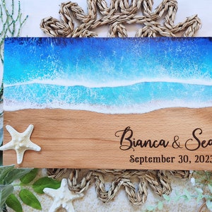 Personalized Blue Ocean Resin Cutting Board Charcuterie Serving Board, Resin Serving Tray, Beach House Decor, Wedding or Anniversary Gift