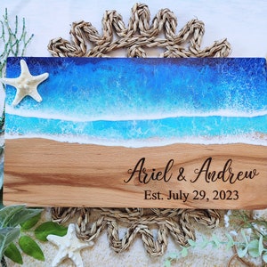Personalized Blue Ocean Resin Cutting Board Charcuterie Serving Board, Ocean Wave Serving Tray, Beach Wedding Gift, Anniversary Gift