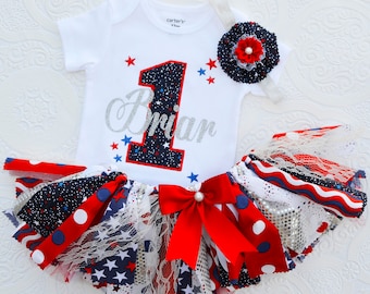 Personalized First Birthday Gift for Girl, Baby girl first birthday 4th of July, my first 4th of July  fabric tutu, July 4th Birthday shirt