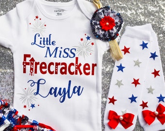 Flickors 1-årsdagsoutfit, Little Miss Firecracker-tröja, Fjärde juli-outfit för flicka, Patriotisk tröja, Gåva till småbarnsflicka