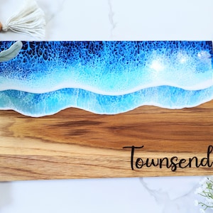 Personalized Blue Ocean Resin Cutting Board Charcuterie Serving Board, Ocean Wave Serving Tray, Beach Wedding Gift, Housewarming Gift