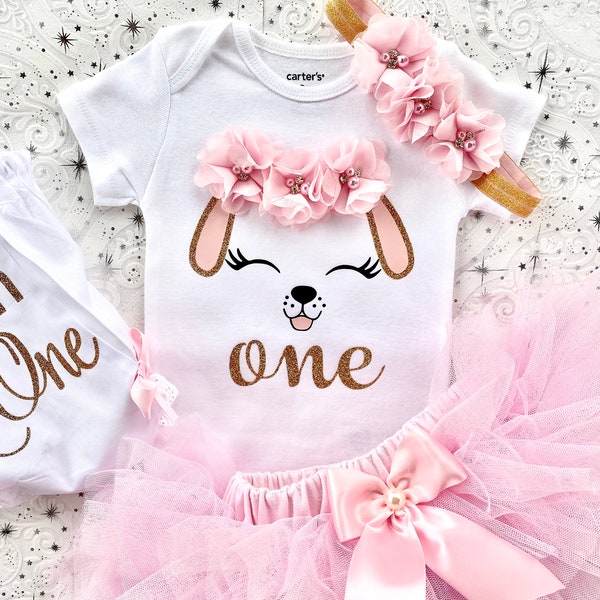 Puppy Birthday Outfit in Pink Gold, Custom First Birthday Gift, 1st Birthday Outfit Girl, Dog First Birthday Shirt, Puppy Dog Birthday Party