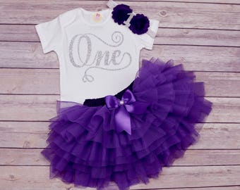 1st birthday girl outfit, purple silver baby girl first birthday , cursive ONE birthday shirt, cake smash outfit girl ,first birthday gift