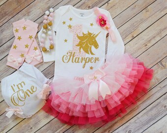 Unicorn birthday outfit, 1st birthday unicorn, pink ombre tutu, custom first birthday girl gift