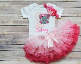 first birthday outfit girl,Elephant birthday outfit,pink ombre tutu,cake smash outfit girl,personalized 1st birthday outfit for girl/toddler