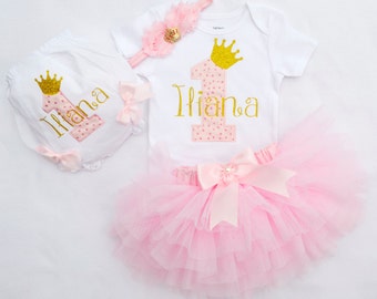 Pink gold first birthday ourfit,personalized 1st Birthday shirt and customized pink tutu,Gold crown,girls 1st birthday outfit,princess tutu