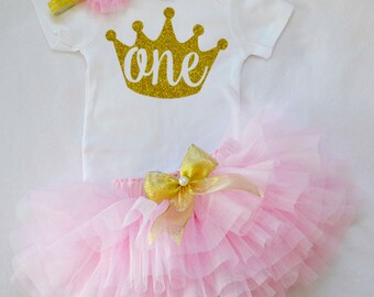 1st birthday Outfit Girl in pink gold,Princess,pink 1st birthday dress,cake smash,one year old girl,gold birthday,crown,tiara,baby girl 1st