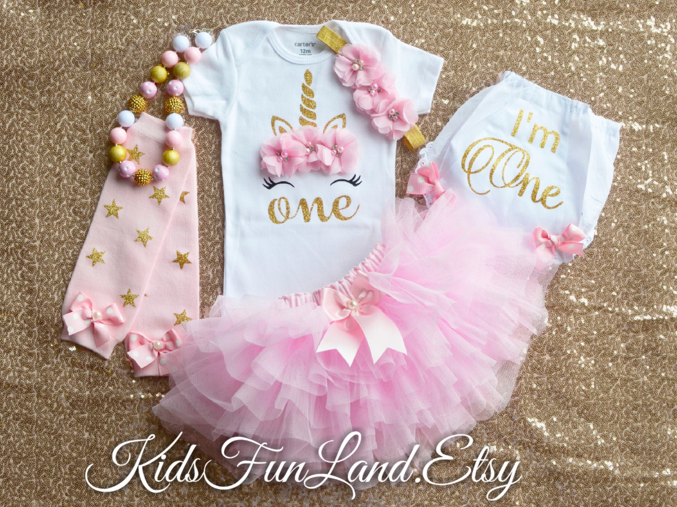 Girls First 1 Pink White Gold Unicorn Cake Smash Tutu Outfit Photo Shoot