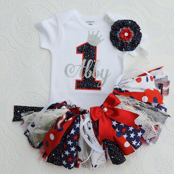 First birthday outfit girl monogrammed - Baby girl 1st birthday outfit - Patriotic fabric tutu- personalized first birthday gift