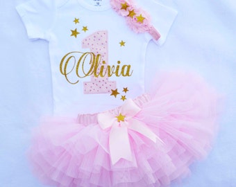 Baby girl First Birthday Pink and Gold,personalized 1st birthday shirt with pink Ruffle Tutu,pink gold princess outfit,cake smash outfit