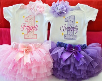 First Birthday Outfit Girl, Twin First Birthday Outfit, Personalized Birthday Twin Outfits, Pink & Purple 1st birthday, First Birthday Gift
