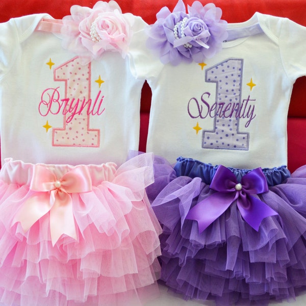 First Birthday Outfit Girl, Twin First Birthday Outfit, Personalized Birthday Twin Outfits, Pink & Purple 1st birthday, First Birthday Gift