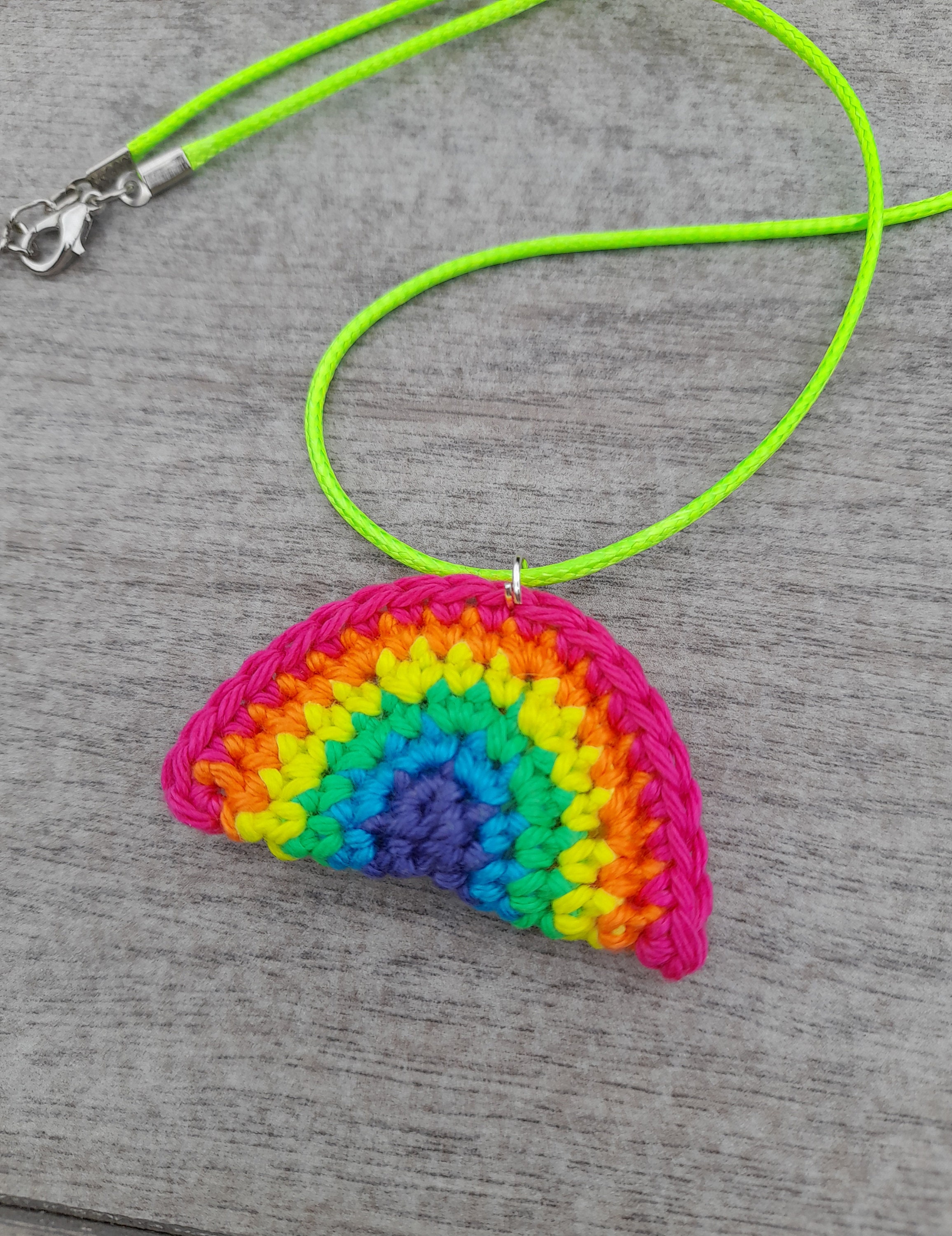 Neon Rainbow Crochet Necklace with Neon Yellow Cord and Adjustable Fastening, Quirky and Kitsch Handmade Jewellery, Festival, Cute, Bright.